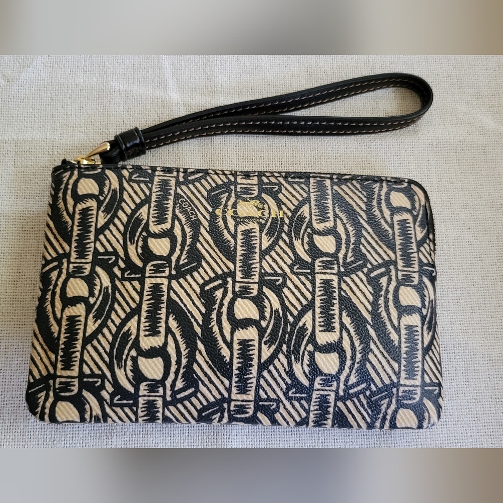 Coach Black and Beige Chain Link Wristlet.